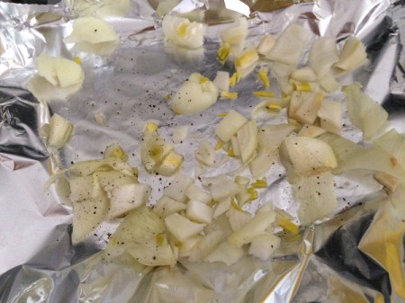 chopped onion on foil