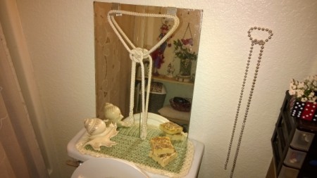 Crochet Toilet Lid Cover and Painted Bathroom Accessories - finished cover with mirror in place