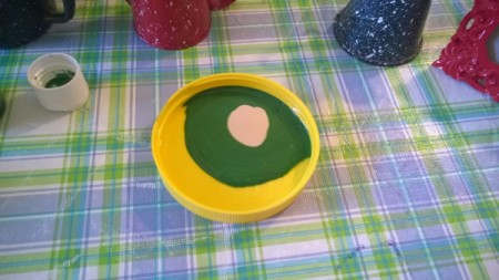 Crochet Toilet Lid Cover and Painted Bathroom Accessories - mixing paint