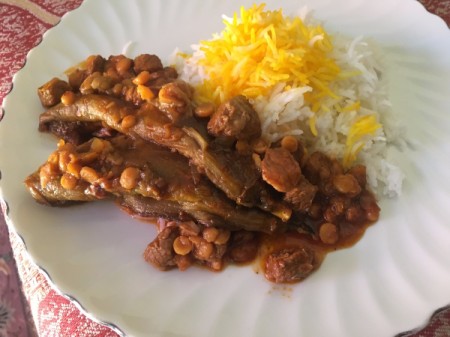 Split Pea and Eggplant Stew served up on plate