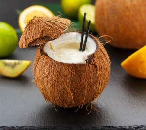 A Hawaiian drink in a coconut.