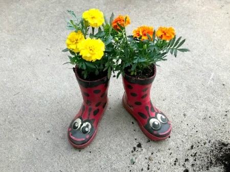 Rubber Boot Planter - planted ladybug boots