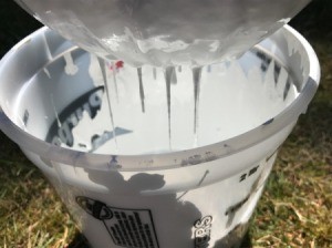 Allowing paint to drip from the strainer into a plastic container.
