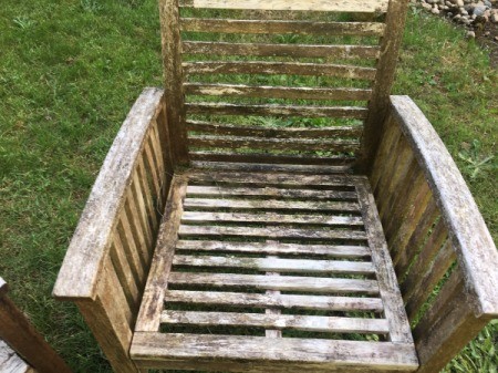 Refinishing Teak Outdoor Furniture - chair closeup prior to washing