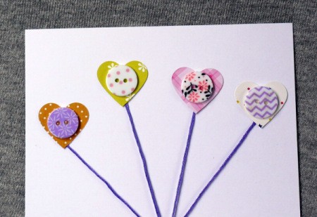 Heart Balloons Greetings Card - glue the buttons to the center of the hearts