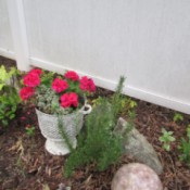 Using Old Cooking Containers As Planters - strainer painted white and planted with geraniums