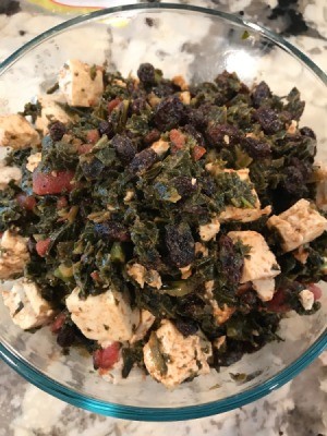Tofu, Greens and Raisins in a bowl