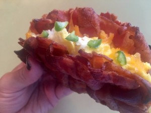 hand held Woven Bacon Shell Breakfast Taco