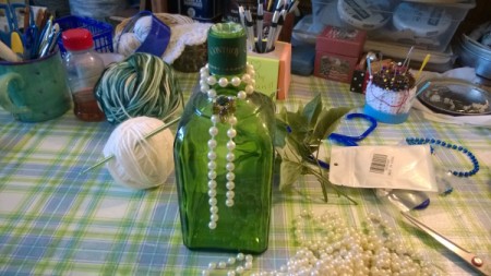 Crochet Tissue Box Cover and Bath Decor - beads around bottle