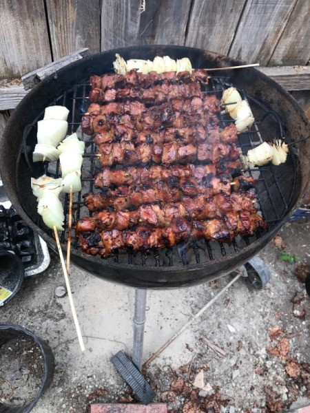 Pork Shoulder and onions on Skewers