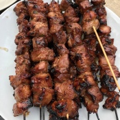 Grilled Pork Shoulder Skewers on plate