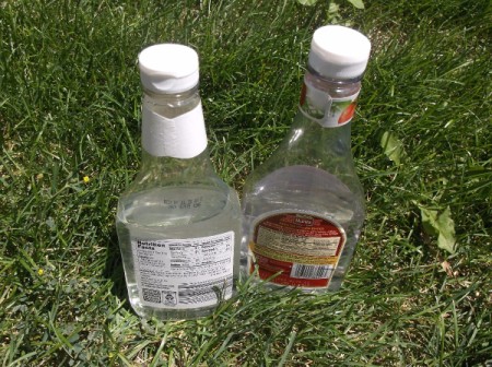 Two condiment bottles for use as a makeshift squirt guns.