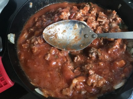 Easy Moussaka meat and sauce in pan