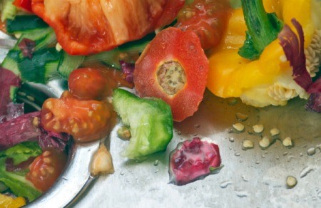 Vegetable scraps in a sink with a garbage disposal.