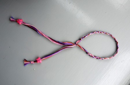 Friendship Bracelet with Simple Sliding Knot - trimmed ends on finished bracelet