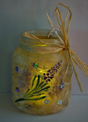 Sweet Lavender Jar Party Light - finished jar with light inside and raffia tied around the neck
