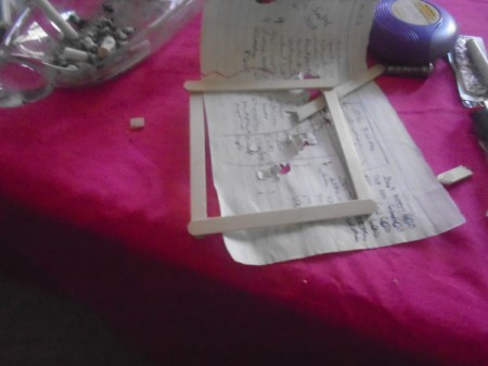 Popsicle Stick Gazebo and Bench - glue four sticks into a square for the roof