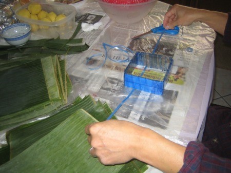 forming banana leaf squares