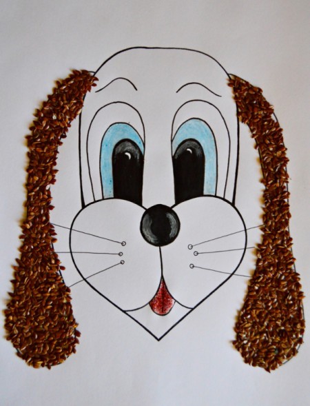 Kids' Artwork - Sweet Puppy Mosaic - cover the ears with glued on linseeds