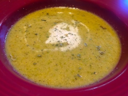 A finished bowl of Broccoli Lemon Mint soup, ready for eating.