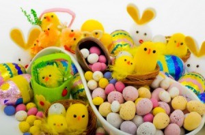 A picture of variety of different types of Easter candy.