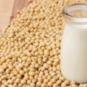 A photo of soy beans and soy milk.