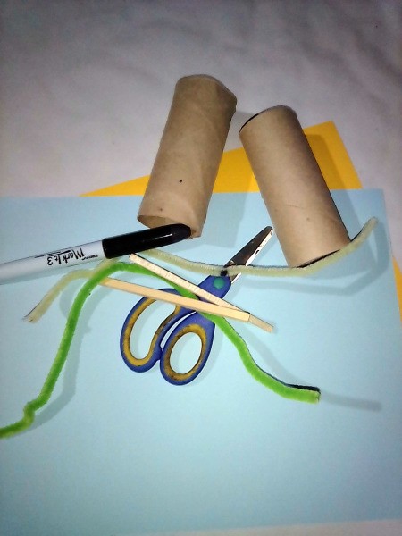 Supplies for making a Ninja Tissue Roll, out of recycled toilet paper tubes.