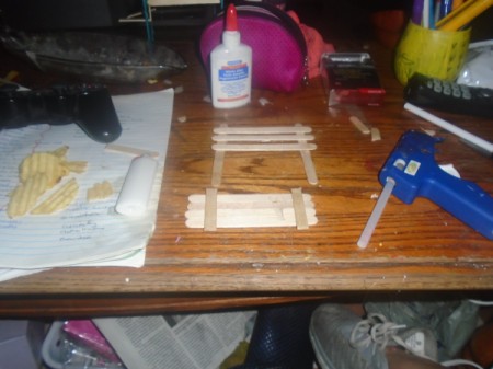 Popsicle Stick Gazebo and Bench - cut two sticks to fit the bench's seat depth and glue in place