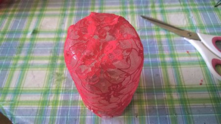 Fall Lacy Jar Decoration - fold lace under to bottom, make folds as necessary and glue