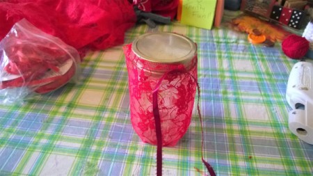 Fall Lacy Jar Decoration - glue ribbon around the lid