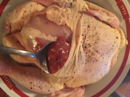 Jammy Roast Chicken - massaging jam into Chicken