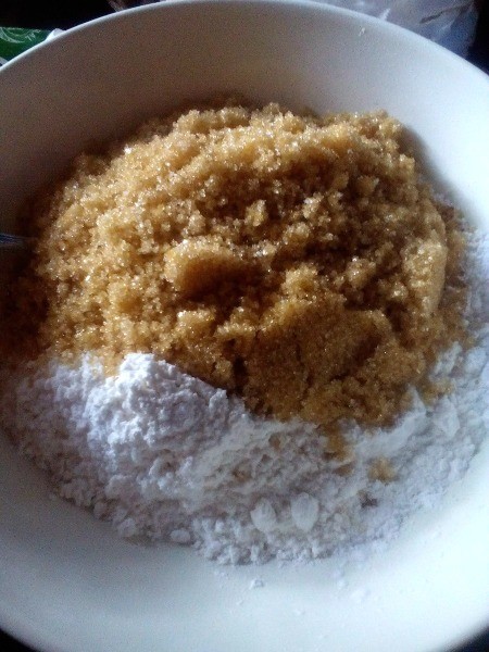 Cream Cheese Sweetheart Cake - Mix flour, sugar, and baking powder.