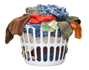 A laundry basket full of clothes.