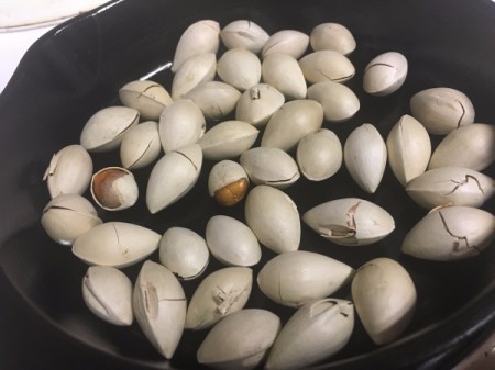 How to Prepare Ginkgo Nuts - Place the dry, cracked ginkgo nuts in your pan.