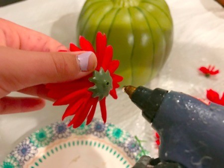 Foam Pumpkin Faux Cactus - apply hot glue to the back of the flower
