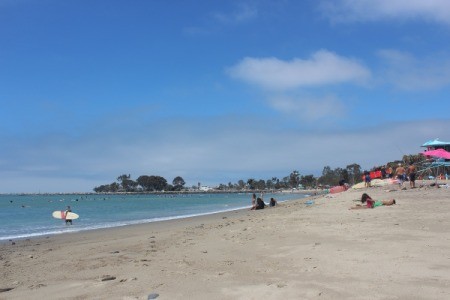 Doheny State Beach with surfers and sunbathers.
