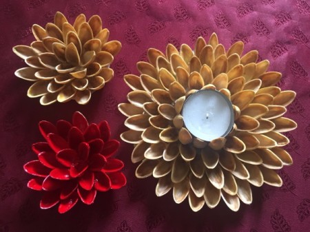 Pistachio Shell Flowers and Candle Holder -  plain candle holder and a red and plain small flower