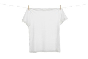 A t-shirt hanging on a clothesline.