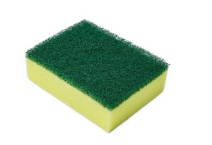A yellow and green kitchen sponge.