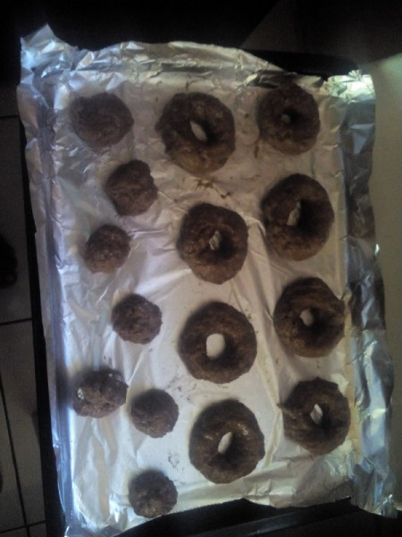 Chocolate Donuts on foil lined baking pan