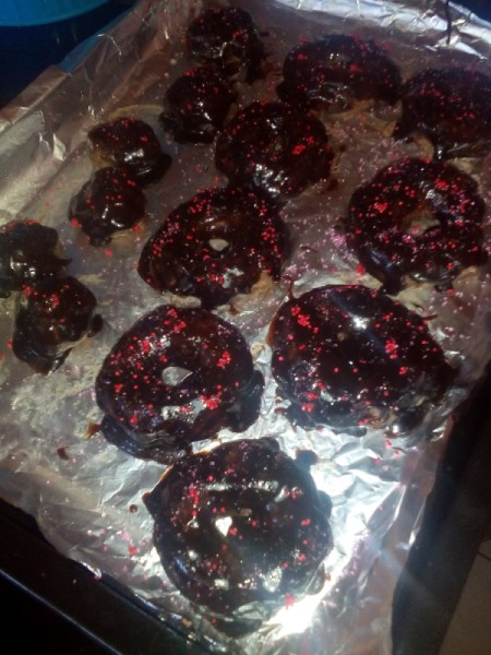 Double Chocolate Donuts with sprinkles added