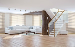 A living room with fancy blinds.