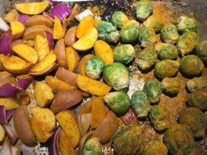 potatoes and brussel sprouts on pan