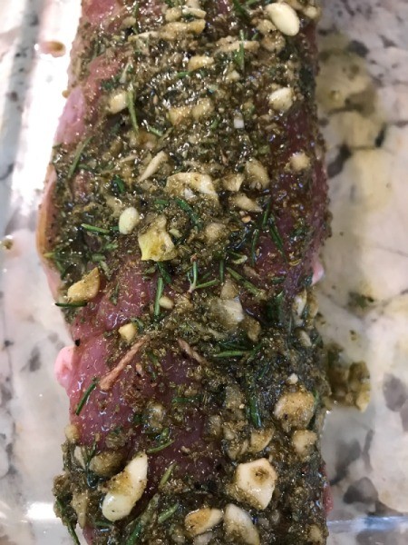 Bacon Wrapped Porchetta marinating pool tenderloin