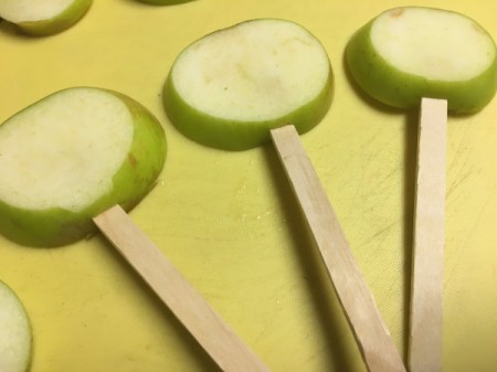 apple slices with wooden sticks