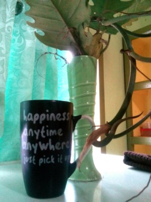 A mug that says "Happiness anytime anywhere, just pick it up" next to a window and a green vase.