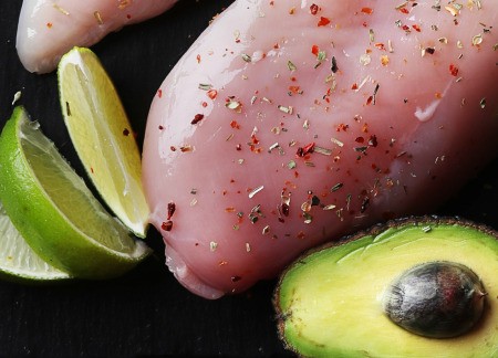 Raw chicken and avocado.