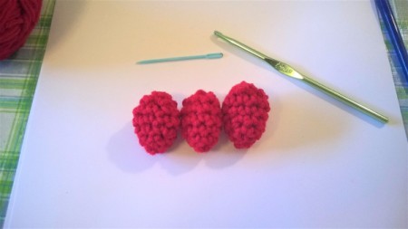 Calorie Free Crochet Cake Decoration - three finished strawberries