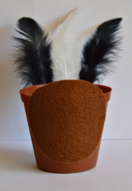 Goggle-Eyed Turkey Candy Box - glue felt circle to front of pot, opposite the side with feathers