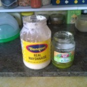A jar of mayo and one of relish, to be combined to make tartar sauce.